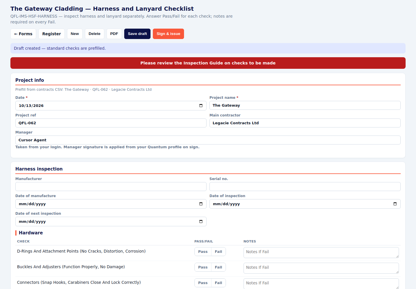 Harness and lanyard checklist with manufacturer and the first hardware checks