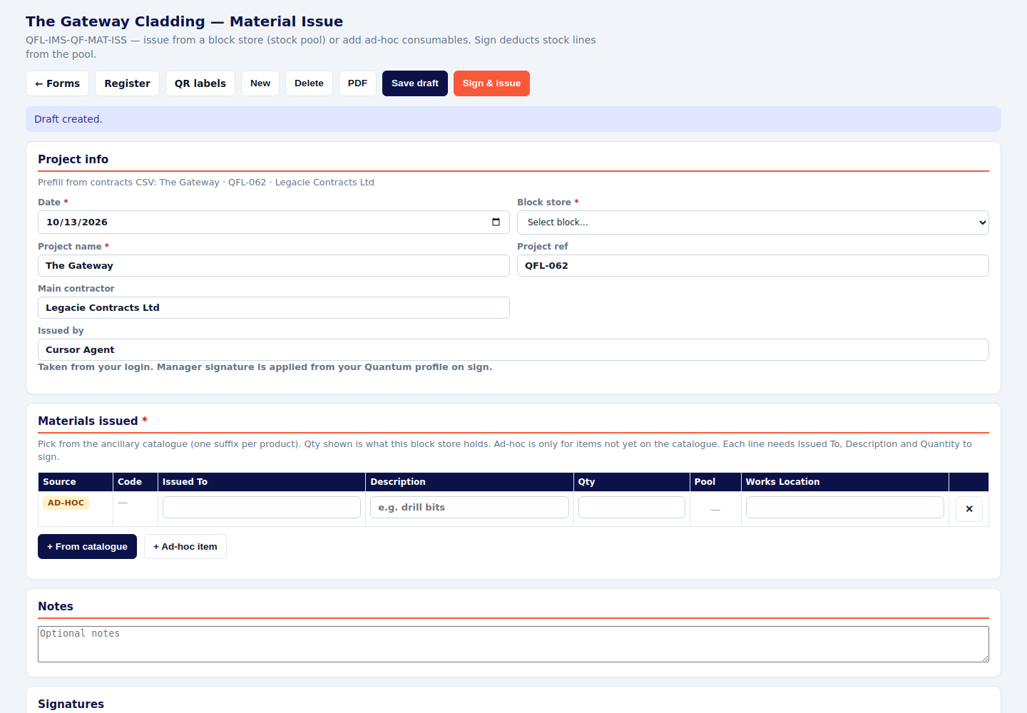 Material issue form with block store and a materials table