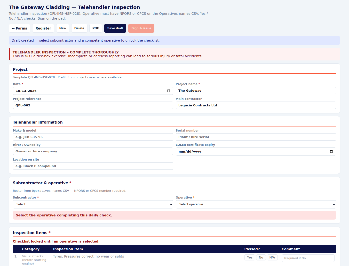 Telehandler inspection form